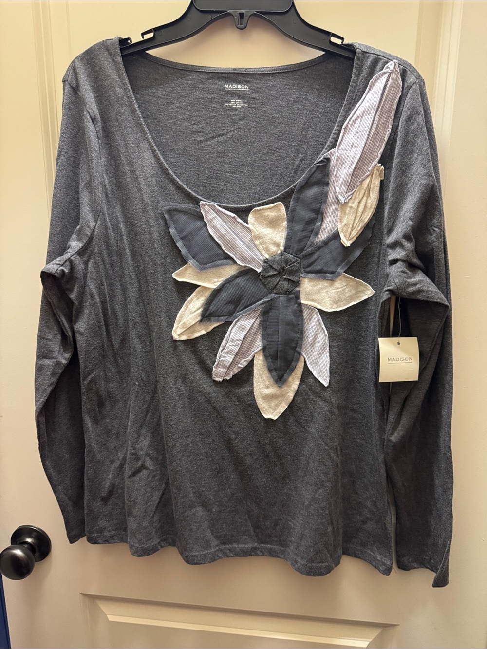 Madison Gray Long-Sleeve Top with Floral Appliqué